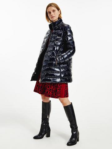 Női Tommy Hilfiger Glossy Csuklyás Puffer Kabátok Sötétkék | HU 31ILH